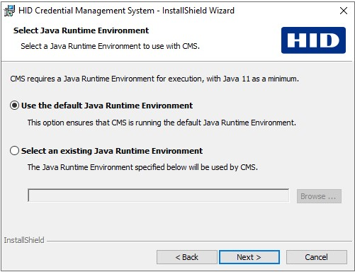 HID Credential Management System - InstallShield Wizard Select Java Runtime Environment dialog box with the Use the default Java Runtime Environment option selected